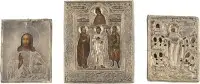 Trois icônes de petit format avec oklad en argent : icône de patronage, Christ Pantocrator et la Mère de Dieu 'Joie de tous les affligés'