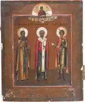 Icône de patronage avec les saints Serge de Radonège, Nicolas de Myre et Tryphon