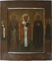 Icône avec saint Nicolas de Myre flanqué de deux saints moines