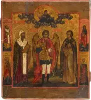 Grande icône avec l'archange Michel flanqué des saints Antipas et Étienne