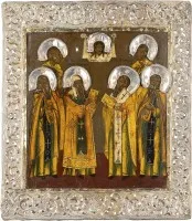 Patronal icon with six selected saints, including Zosima and Savvati, Alexius and Antipas with vermeil basma