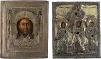 Deux icônes avec oklad : Mandylion et icône de patronage avec trois saints choisis