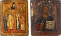 Deux icônes : Christ Pantocrator et icône de patronage avec six saints