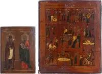 DEUX ICÔNES : PETITE ICÔNE AVEC DEUX SAINTS ET ICÔNE DE FÊTE