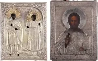 TWO SMALL ICONS WITH OKLAD: CHRIST PANTOKRATOR AND SAINTS DEMETRIUS AND METHODIUS