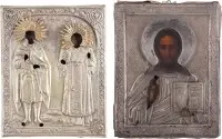 DEUX PETITES ICÔNES AVEC OKLAD : CHRIST PANTOKRATOR ET LES SAINTS DÉMÉTRIUS ET MÉTHODE