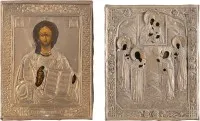 TWO SMALL ICONS WITH OKLAD: CHRIST PANTOKRATOR AND PATRONAGE ICON