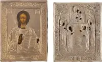 DEUX PETITES ICÔNES AVEC OKLAD : CHRIST PANTOKRATOR ET ICÔNE DE PATRONAGE