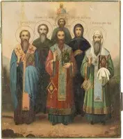Grande icône de patronage avec six saints choisis, dont saint Michel, premier métropolite de Kiev et de toute la Rus