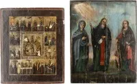 Deux icônes : icône de patronage avec trois saints et icône de fête