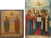 Deux grandes icônes avec le Christ, la Mère de Dieu et des saints choisis
