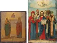 Deux grandes icônes avec le Christ, la Mère de Dieu et des saints choisis