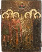 Petite icône de patronage avec six saints, dont sainte Anne de Kasin
