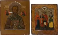 ZWEI IKONEN: HEILIGER NIKOLAUS VON MYRA UND PATRONATSIKONE MIT DREI HEILIGEN