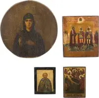 Quatre icônes de petit format avec des saints choisis et la Dormition de la Mère de Dieu