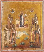 Grande icône de saint Nicolas de Mozhaïsk flanqué de saints évêques