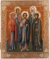 Icoon met de heilige profetes Anna, Alexandra, Jakob, Theodosia en Eudokia