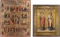 Twee iconen: patroonicoon met de heiligen Barbara en Basilius de Grote en een feesticoon