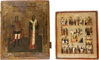 Twee iconen: icoon van aartsengel Michaël en de heilige Tichon, en een feesticoon