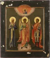Velká patronátní ikona s andělem strážným po stranách se svatými Paisiem a Theodorem Tironem