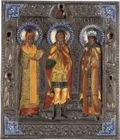 Fine dated patron icon with the holy martyr Arethas of Najran, flanked by Patriarch Athanasios and the venerable Ethiopian king Elesbaan, with cloisonné enamel riza