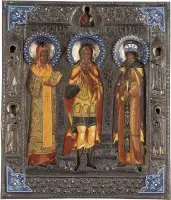Jemná datovaná patronátní ikona se svatým mučedníkem Aretou z Nadžránu, po stranách s patriarchou Athanasiem a ctihodným etiopským králem Elesbaanem, s rizou z přihrádkového emailu