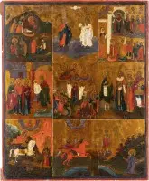 Icône à champs multiples grand format avec la Sainte Trinité du Nouveau Testament, fêtes majeures et saints choisis