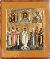 Icône à champs multiples avec le Mandylion, la Mère de Dieu 'Fleur qui ne se fane pas' et des saints choisis