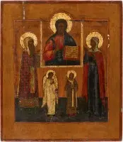 Icône de patronat avec Christ Pantocrator, l'ange gardien et trois saints