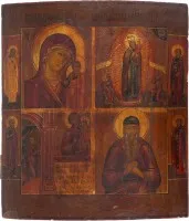VIERFELDER-IKONE MIT GNADENBILDERN DER GOTTESMUTTER UND DEM HEILIGEN JOHANNES OGORODNIK