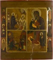 VIERFELDER-IKONE MIT GNADENBILDERN DER GOTTESMUTTER UND DER ENTHAUPTUNG JOHANNES DES VORLÄUFERS