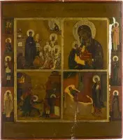 Icône à quatre champs avec images miraculeuses de la Mère de Dieu et de la Décollation de Jean le Précurseur