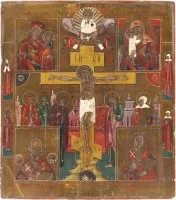 Grootformaat icoon met de Kruisiging van Christus, genadebeelden van de Moeder Gods en heiligen