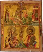 GROSSFORMATIGE VIERFELDER-IKONE MIT GNADENBILDERN DER GOTTESMUTTER, DER ENTHAUPTUNG JOHANNES DES VORLÄUFERS UND EINEM KRIEGERHEILIGEN