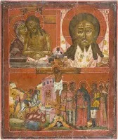 Grootformaat viervelden-icoon met de Kruisiging van Christus, 'Ween niet om mij, Moeder', het Mandylion en heiligen