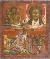 Grootformaat viervelden-icoon met de Kruisiging van Christus, 'Ween niet om mij, Moeder', het Mandylion en heiligen