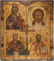 Grootformaat viervelden-icoon met de Moeder Gods 'O Vsepetaja Mati' (O Moeder door allen geprezen), het Mandylion, Johannes de Voorloper en de heilige Nicolaas van Myra