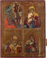 Viervelden-icoon met de Anastasis, afbeeldingen van de Moeder Gods en de heilige Nicolaas van Myra