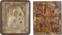 Twee iconen: viervelden-icoon met heiligen en Moeder Gods van Iveron met oklad in een kast