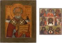 ZWEI IKONEN: MEHRFELDER-IKONE MIT GNADENBILDER DER GOTTESMUTTER UND HEILIGER NIKOLAUS VON MYRA
