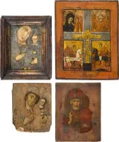 Vier iconen: afbeeldingen van de Moeder Gods, Sint-Nicolaas van Myra en een vierveld-icoon