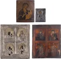 Drie iconen: Sint-Nicolaas van Myra, Moeder Gods Iwerskaja en een vierveld-icoon met afbeeldingen van de Moeder Gods