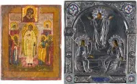 ZWEI KLEINE IKONEN: AUFERSTEHUNG CHRISTI MIT CLOISONNÉ-EMAIL-OKLAD UND PATRONATSIKONE MIT DEM SCHUTZENGEL UND HEILIGEN