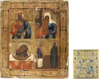 Icône à quatre champs avec le Christ Pantocrator, la Mère de Dieu « Recherche des perdus » et des saints, et icône en bronze avec saint Démétrius