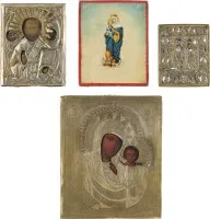 DREI IKONEN UND BRONZEIKONE MIT GNADENBILDERN DER GOTTESMUTTER UND DEM HEILIGEN NIKOLAUS VON MYRA