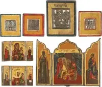 Trois triptyques avec la Flagellation du Christ et icônes de la Mère de Dieu, ainsi que quatre icônes en bronze