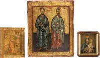 Trois icônes : images miraculeuses de la Mère de Dieu et les saints Côme et Damien