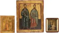 Trois icônes : images miraculeuses de la Mère de Dieu et les saints Côme et Damien