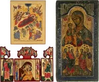 Triptych a dvě ikony: zázračné obrazy Bohorodičky, Narození Krista a dvanáct apoštolů
