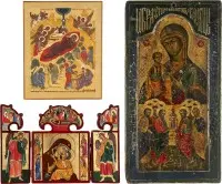 Triptyque et deux icônes : images miraculeuses de la Mère de Dieu, Nativité du Christ et les douze apôtres